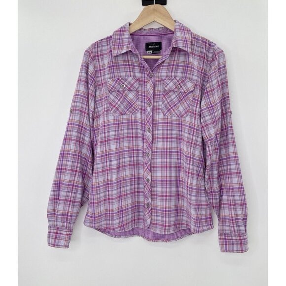 Marmot Women's‎ Purple Plaid Button Up Collared Roll Tab Sleeve Shirt Sz M - Picture 1 of 10